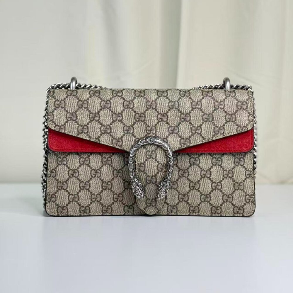 Gucci GG Logo Supreme Medium Dionysus Shoulder Bag with Red Interior